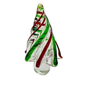 Murano Glass Christmas Tree Art Crystal Green Red Twist Figure 6" Heavy Solid